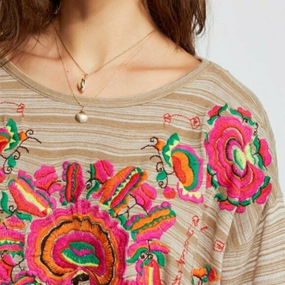 Free People Catalunya Floral Embroidered Stripe Flowy Boxy Top MEDIUM - Picture 3 of 7